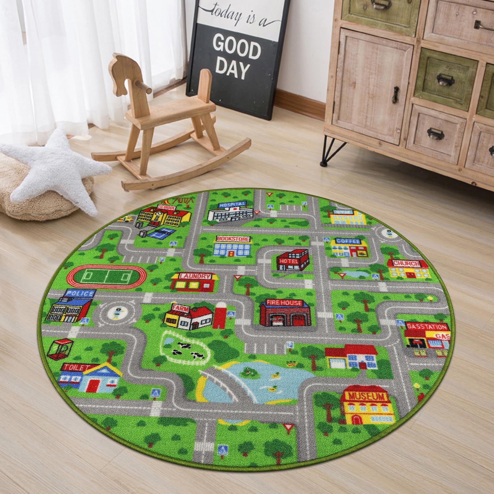 Capslpad Green Car Road Kid Rug Carpet Playmat for Playoom Traffic Road Kids Play Mat for Toddler Non Slip Washable City Map Rac